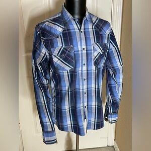 Men's M Wrangler 20X button down long sleeve shirt: Blue plaid, EUC​​​​​​​​​​